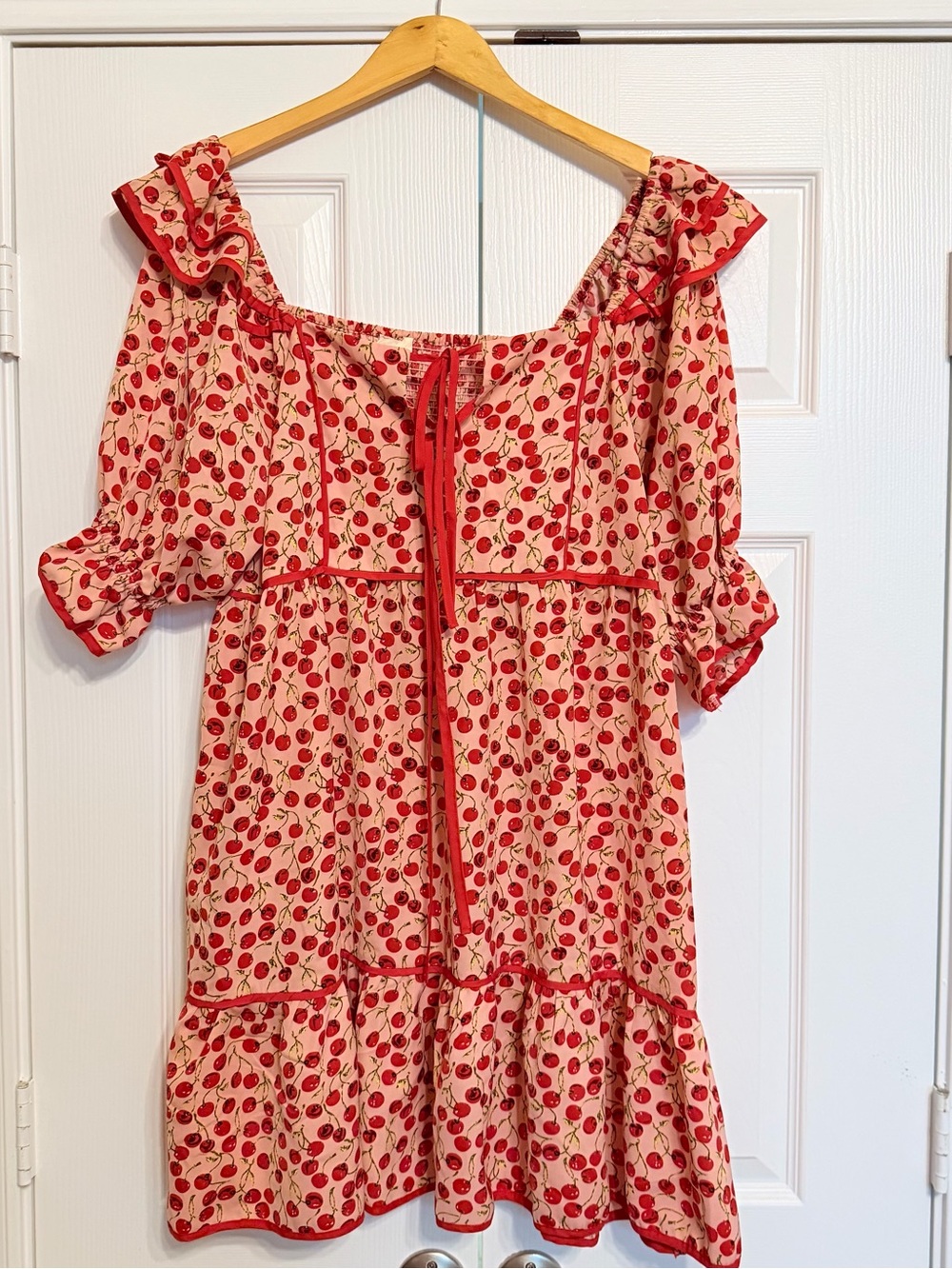 Umgee Red Cherry-Print Ruffled Off-Shoulder Mini Dress